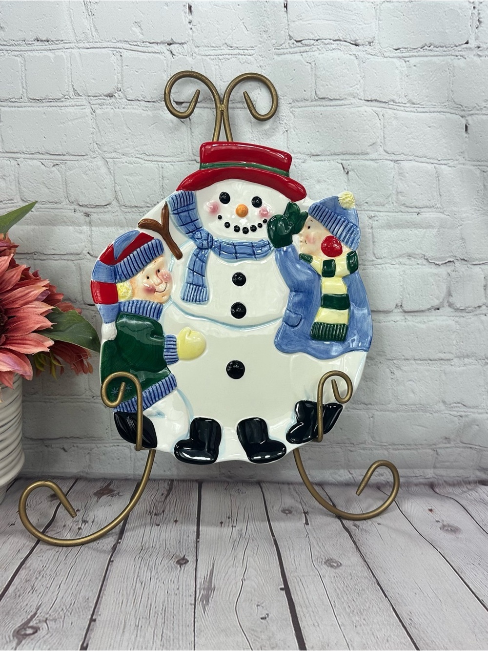 vtg Pfaltzgraff Snow Village Sculpted Cookie Plate snowman farmhouse cottage